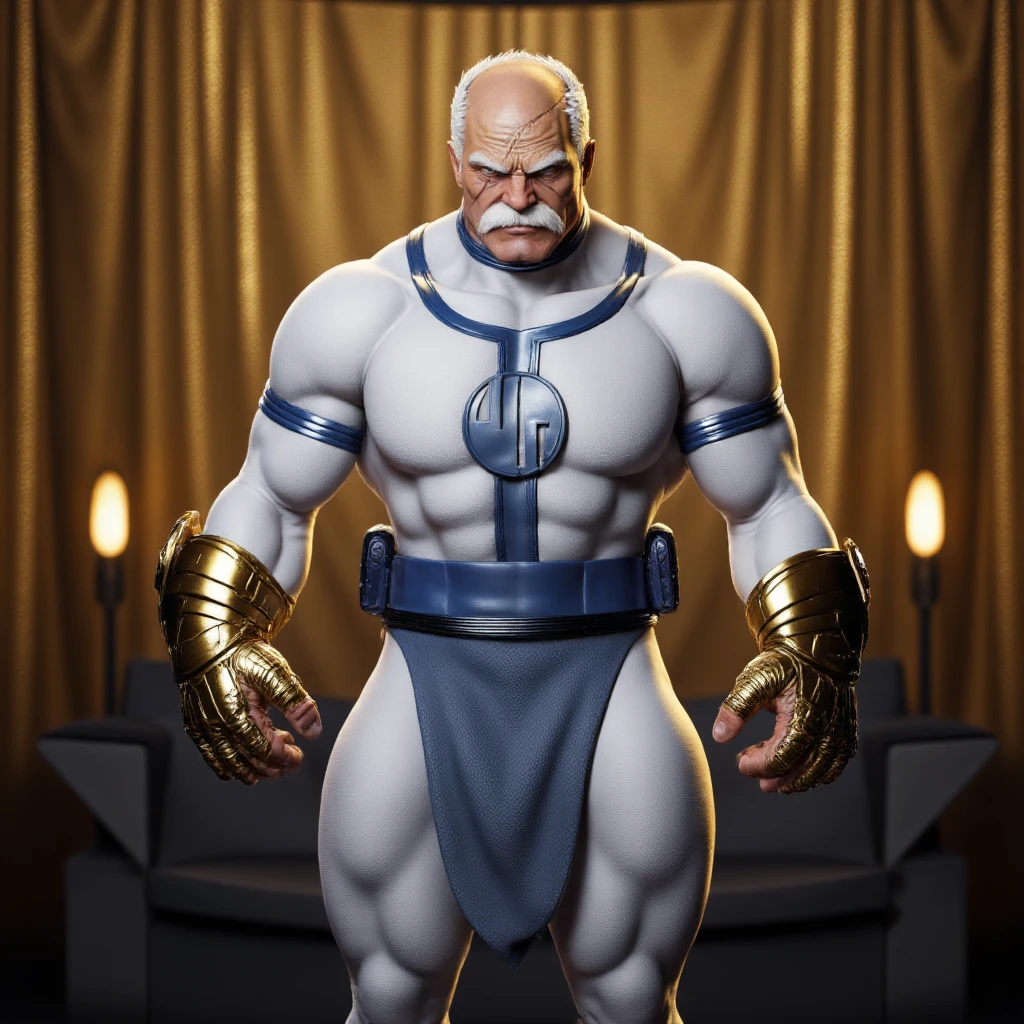 cinematic photo a very muscular old man in a white bodysuit, full body, big scar on the head, detailed skin, golden gauntlet right hand, clenched fists, left eye is white <lora:Conquest1024:0.8> . 35mm photograph, film, bokeh, professional, 4k, highly detailed