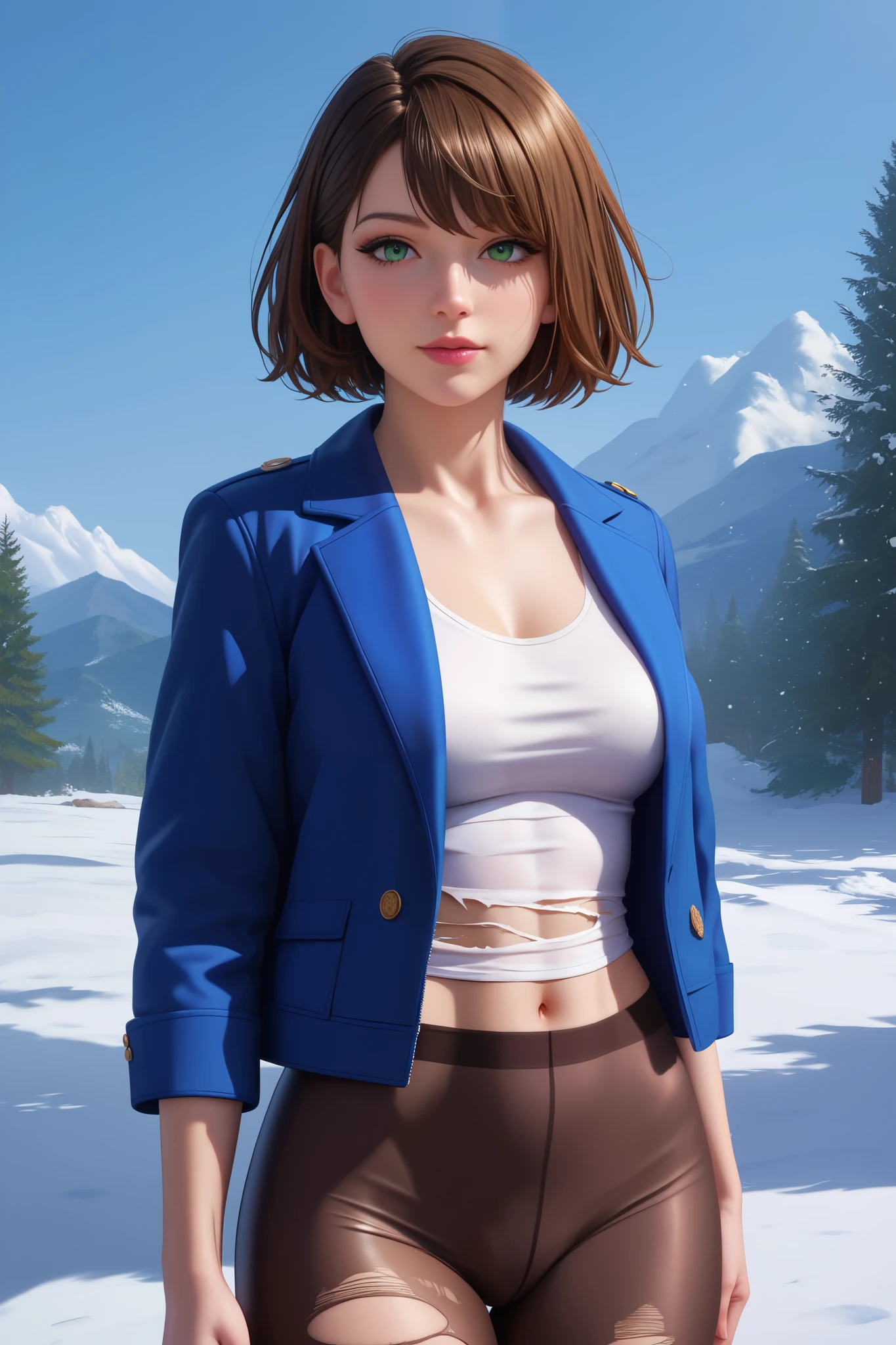 masterpiece, best quality, amazing quality, very beautiful, Absurd, latest, scenery, anatomically correct, 16k, UHD, accurate, expressive, {{1girl solo}}, illustration, masterpiece, ultra-detailed, {{detailed shading, detailed skin}}, {{realistic skin}}, BREAK, detailxl,  Details,  high definition, 8k,  Ultra High Resolution, soft saturation,  professional quality,  perfect contrast,   Anatomically Accurate, young woman, leggings, tank top, jacket, open jacket, torn clothes, damage clothes, winter garden background, short hair, brown hair, green eyes, hips and thighs focus, no jewelry, no earrigns, winter background, snow