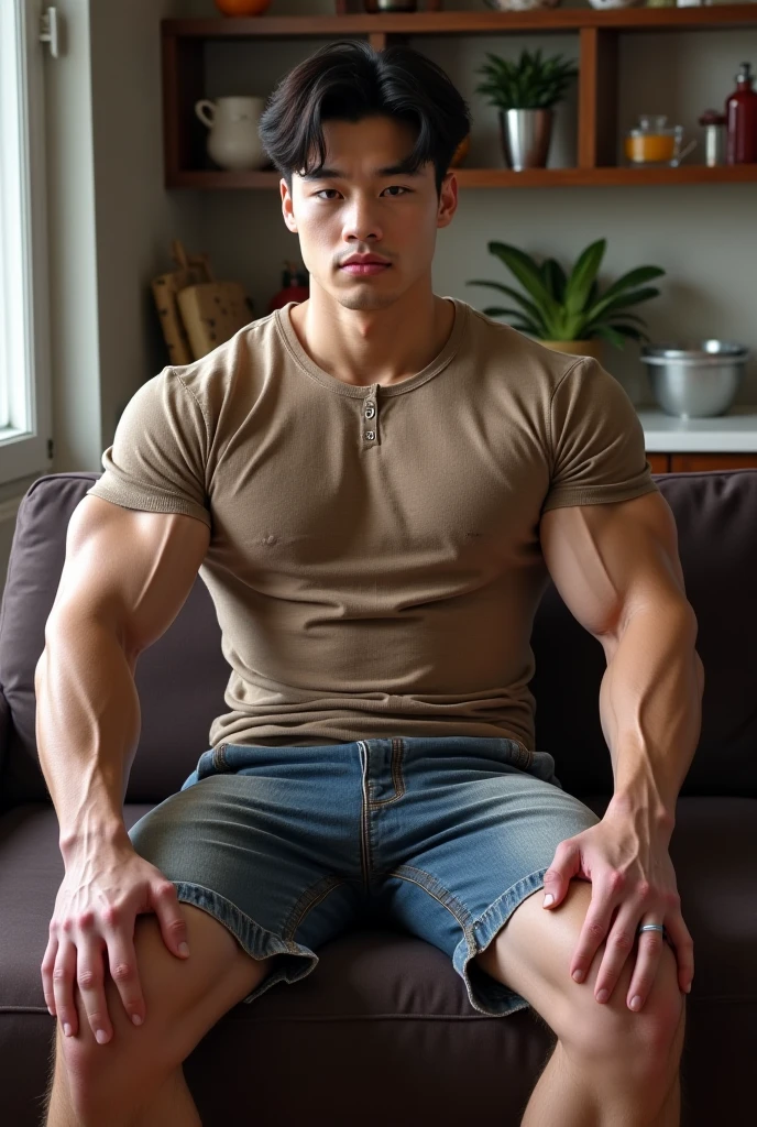 40 years old,Hidetoshi Nakata,(Kogoro Mori 1.3),whole body,Lean,muscle,office,grey socks,Feet raised,sofa,Baldhead ,transparent,Thick body hair,underwear,Topless,Densely hairy,Fortitude,HD,With a mustache