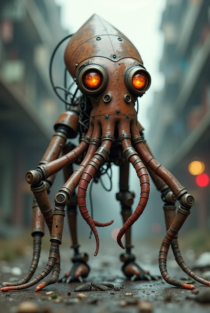 A robot made of copper tubes wearing a backpack of gas cylinders with a welding torch in hand