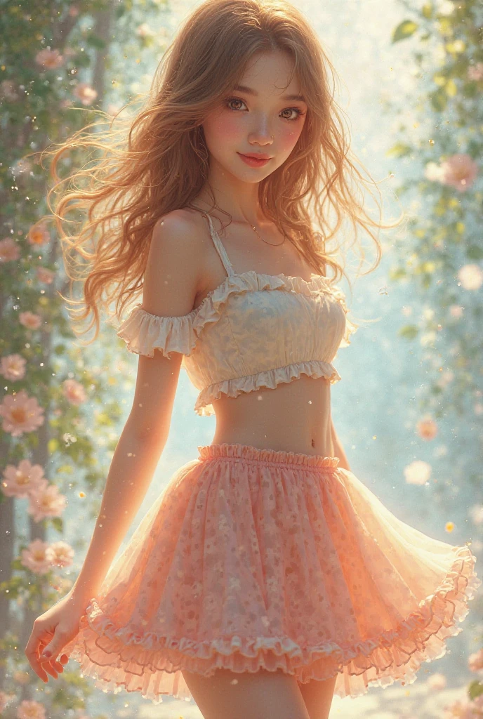 Ultra high quality,High heel,Lace Shawl,Smile,Sunlight,Light blue floral skirt,Wear flowers on your head,charming,Ribbon,High heel,Long legs,student