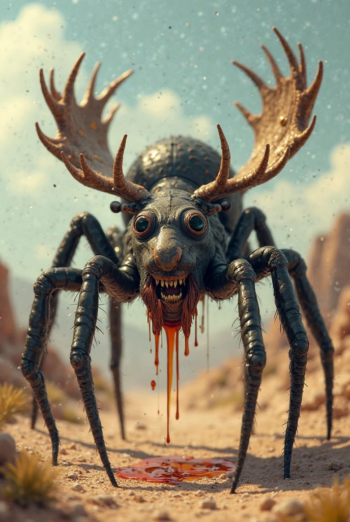 close up of a dark red creature with horse hooves, centipede arms, and owl eyes staring from on a hill in the distance 