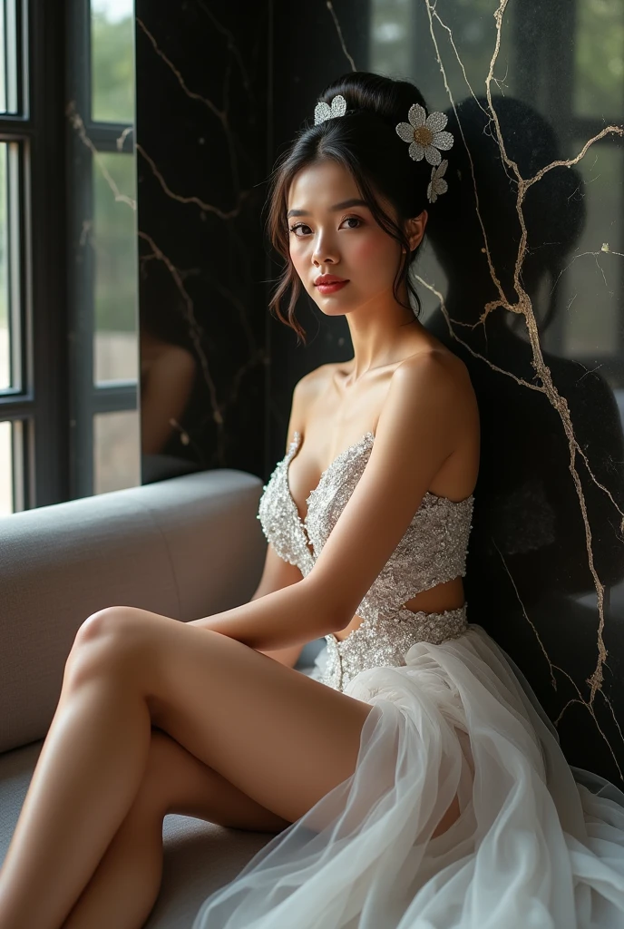 Chinese girl VN02, Shot on a Nikon Z7 II mirrorless camera,120 mm F/4 Wide angle Best quality, Masterpiece, Ultra detailed, Short white skirt,Grey Stockings, rendering by octane, Beautiful detailed eyes, ultra detailed hair,The skin has a spotted spot, Graceful,Charming, A plump chest, Transparent lace,Sexy, Seductive , Delicate short hair , Exposed cleavage