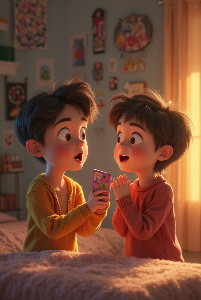"A split-screen image depicting a young boy gazing into a large, ornate mirror. On the left side of the image is the boy, around 8-10 years old, with wide, curious eyes and an expression of wonder. He's reaching out to touch the mirror's surface. On the right side, reflected in the mirror, is the same person but as a young adult, around 25-30 years old. The adult version has similar features but more mature, perhaps with a hint of stubble or different hairstyle. He's mirroring the boy's pose, also reaching out as if their fingertips could touch across time. The background on the boy's side should be a child's bedroom with toys and posters, while the adult's reflection shows a more sophisticated, career-oriented room. Use soft, dreamy lighting to enhance the magical atmosphere, with a subtle glow around the mirror's frame. The color palette should be warm and nostalgic on the child's side, transitioning to cooler, more muted tones in the reflection. Render the image in a style that blends realism with a touch of surrealism to capture the impossible nature of the scene. Ensure both versions of the character have matching eye colors and similar key facial features to emphasize they are the same person."

