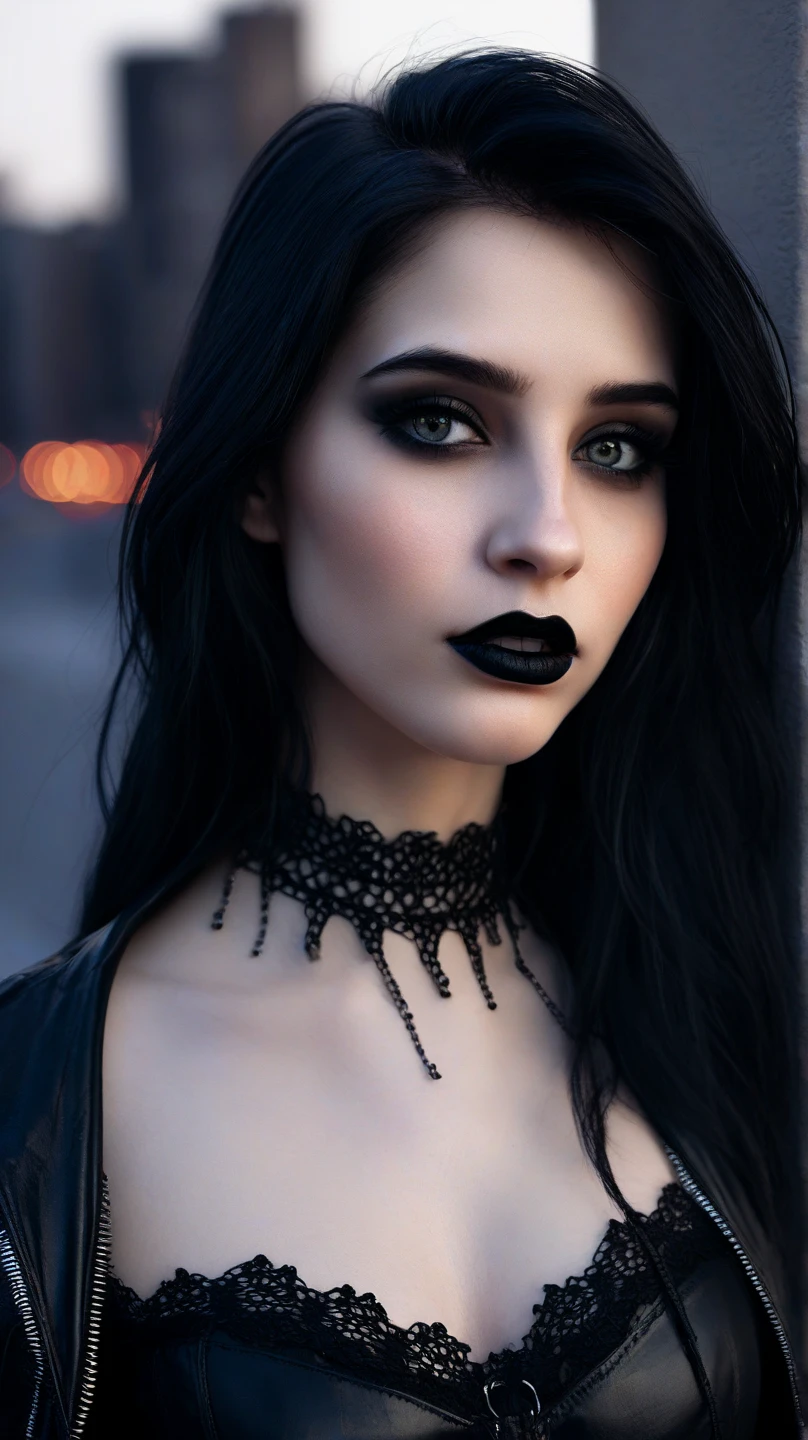 cabelo ondulado A highly realistic 4K AI-generated portrait of a beautiful 20-year-old gothic woman. She has striking facial features, including deep, expressive eyes, bold dark makeup, and matte black lipstick. Her long, jet-black hair cascades over her shoulders, framing her pale yet radiant skin. She wears stylish gothic attire, such as a black lace choker, leather jacket, and dark accessories. The lighting is soft and cinematic, highlighting the depth and texture of her features with a blurred urban background. Ultra-detailed, photorealistic, cinematic lighting, hyper-realistic skin texture on a badroom.