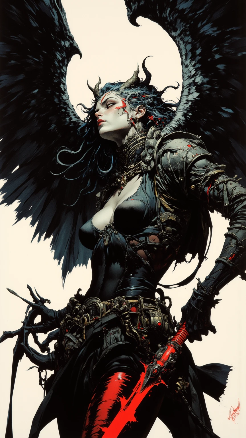 <lora:spooky:1.0>dark,grim,unsettling,x hair ornament,shield,weapon,energy wings,skin tight,holding shield,holding sword,highres,mechanical parts,snow,solo,from side,rosetta (punishing: gray raven),upper body,robot joints,joints,medium breasts