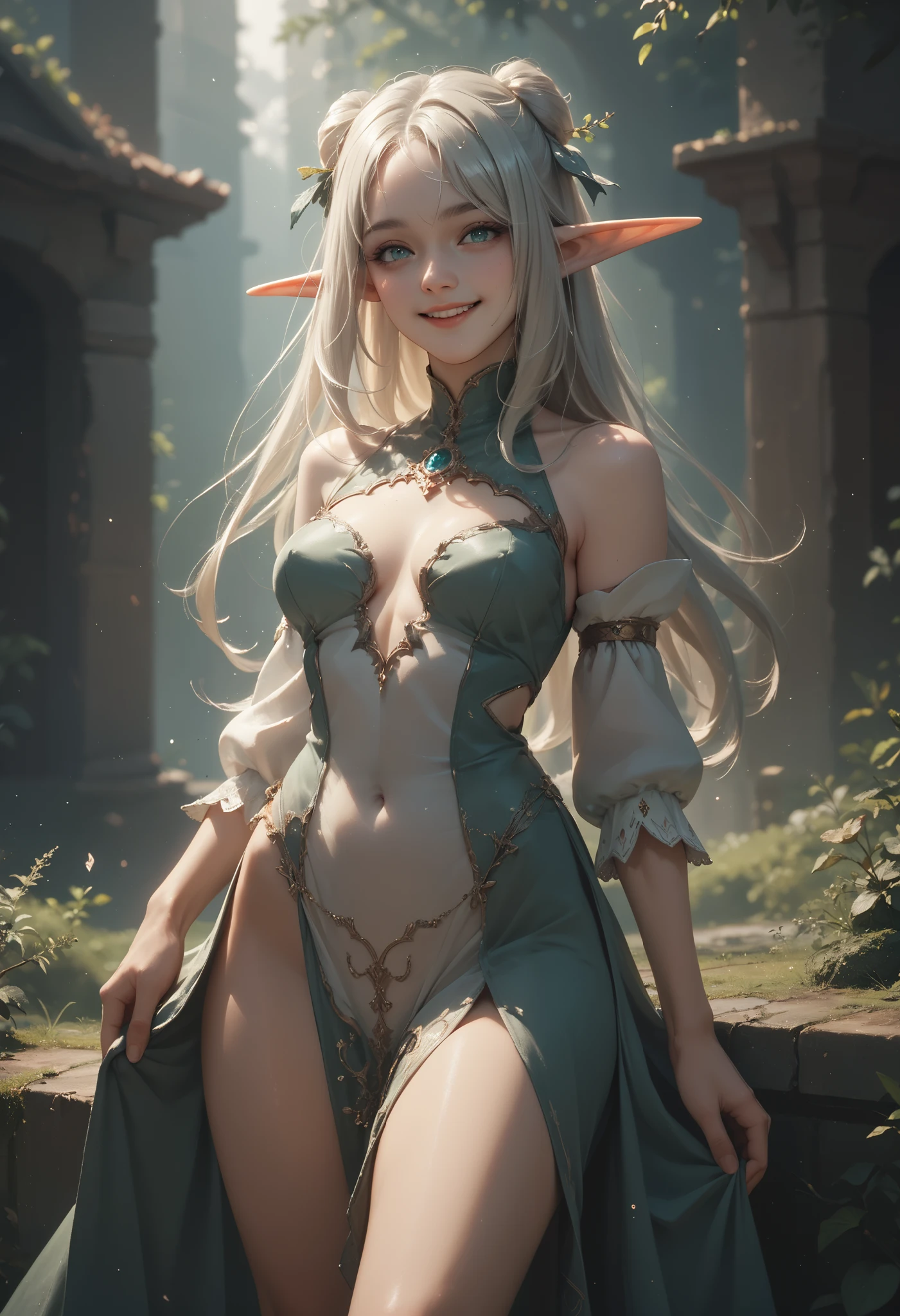 Elf, white skin like china, 20 year old woman, fantasy world, flowers in background, blurred background, side-string, piercing ears, wet thin white cloth wrapped around body, live action, f/1.8, 85mm, canon, high detail, high resolution, 8k, 16k, covering breasts with white cloth, covering waist with cloth, bathing, wet thin clothes, smiling, spring, sitting, hiding breasts with both hands, Chest up, with upturned large tips, upper body, close up face, cleavage