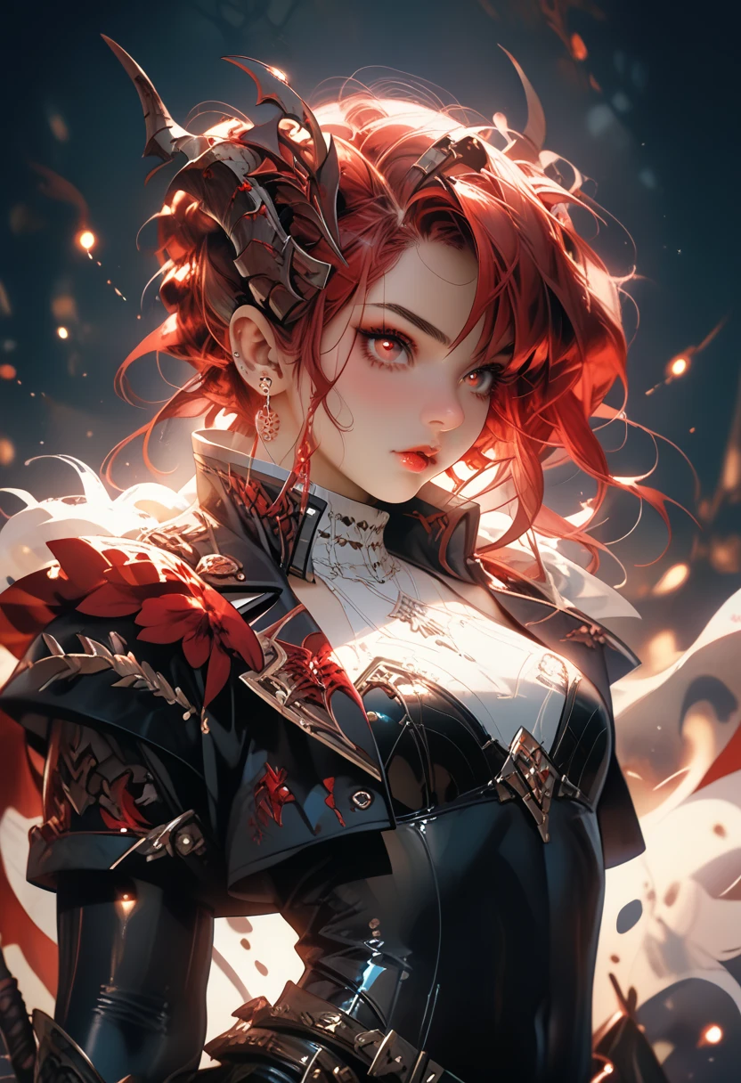(Masterpiece: 1.4, Best Quality), (Intricate Detail), Unity 8k wallpaper, super detailed, beautiful and beautiful, perfect lighting, (1 girl), (jujube red hair, dark eyes, medium breasts), dynamic pose, dynamic angle, lipstick, medium breasts, detailed background, realistic, solo, perfect detailed face, detailed eyes, highly detailed, blush, hair accessories, smile, bright leather textured clothes --auto --s2