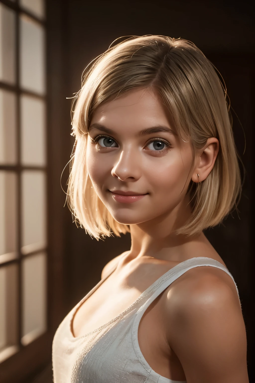 1girl, Agnes Aurora Aksnes, sly grin. (((facing the camera, looking at the camera, looking at the viewer))). Masterpiece, photorealistic, raw photography, soft lighting, top quality, best quality, upper body, toned. Indoors, even illumination, realistic, realistic skin.