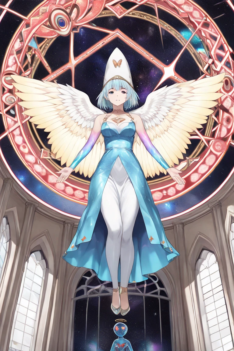 Huge alien (crane head, female pure white streamlined geometric design, thick legs), flowing rainbow hair, ((full of iridescent energy starlight)), ((planet embedded in the chest)), (three-dimensional crystal thorn wings ), alien baroque streamlined design, holding a scepter, standing, dynamic angle, beautiful elegance, solo, digital art, grand precision, gorgeous and powerful design, huge majestic, detailed texture huge and majestic pattern, in the surrounding universe and U