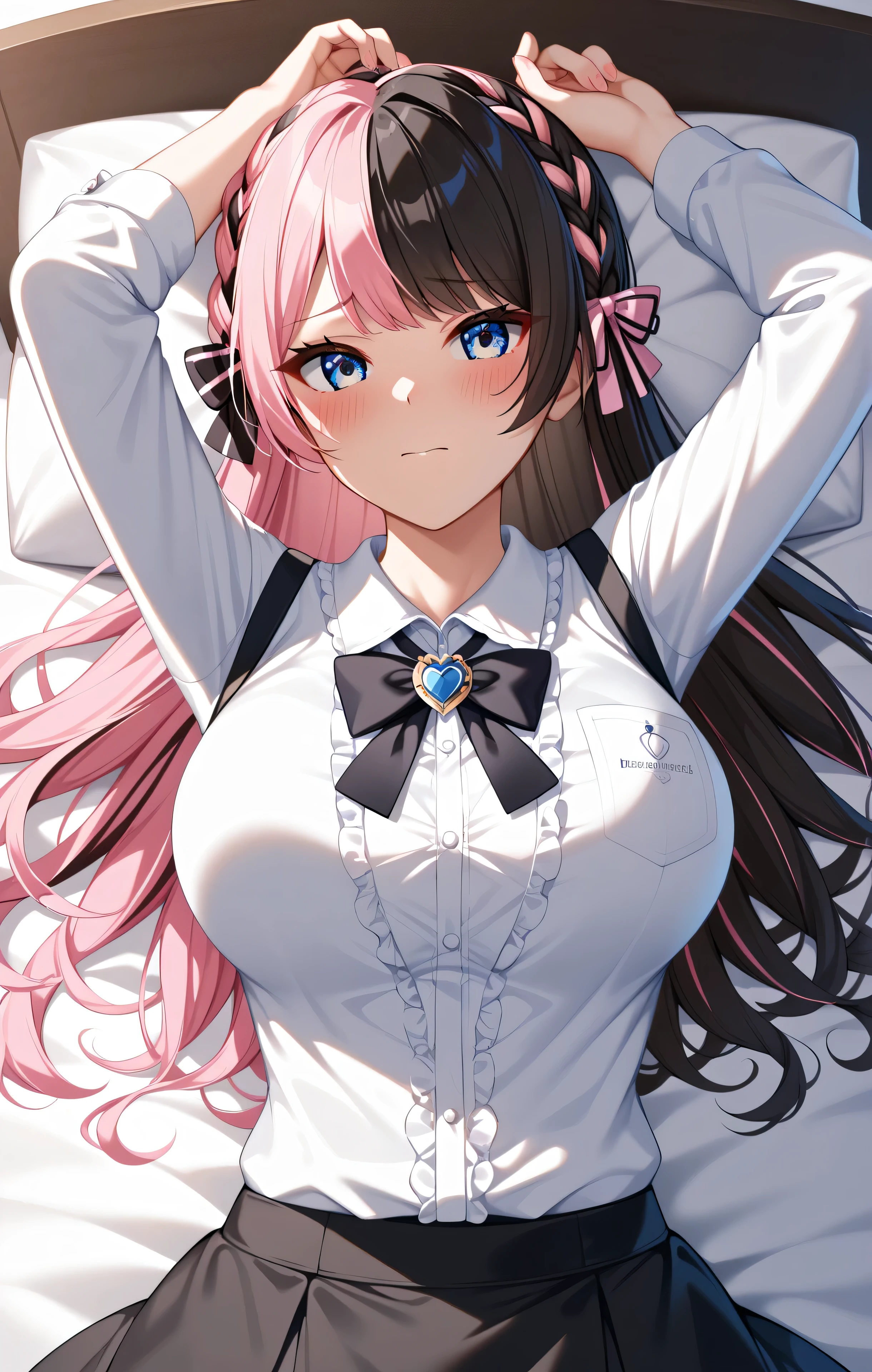 master piece,Best Quality,Super detailed,High resolution,Extremely detailed CG,Unity 8K Wallpaper,weat,score_9, score_8_up, score_7_up, score_6_up, score_5_up, score_4_up, source_anime,TachibanaHinano,blue eyes, two-tone hair, long hair, french braid, hair bow、HinanoBase, (two-tone hair), long hair, french braid, hair bow, black bowtie, brooch, frilled shirt, white shirt, long sleeves, black skirt, suspender skirt,mini skirt,mature female,professional quality, nsfw、large breasts 、bed room,panties、(impossible clothes),big butt,bubble butt,lie on own back,embarrassed