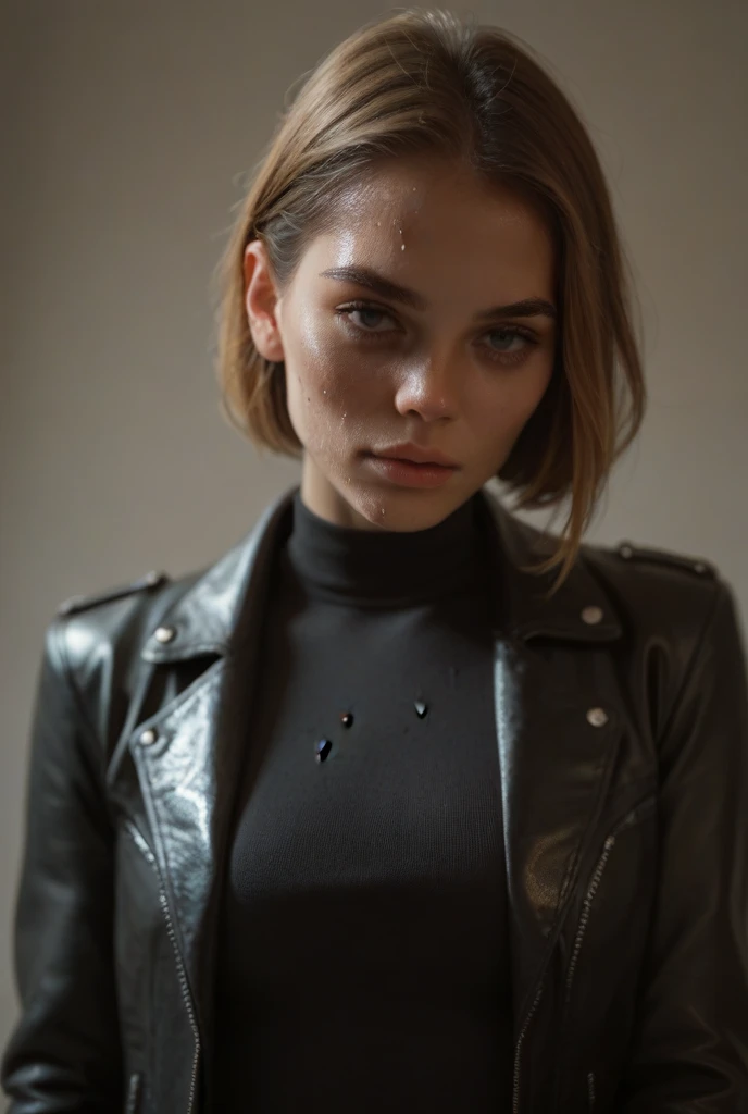 eliza1,1girl, solo, (realistic),(hyperrealism),(best quality),(masterpiece),(ultra high res),(photorealistic),(film grain),(upper body), eye makeup,detailed eyes,detailed face,black jacket, posing for a photo, outside winter, giant , tall girl, 25 years old, superstrong girl, hiper giant muscle