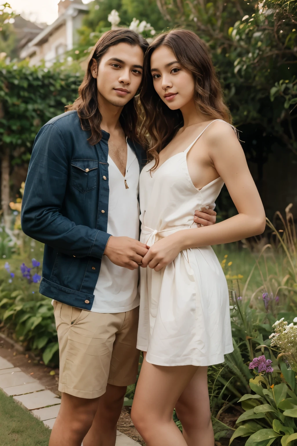 A beautiful woman and man with dark hair, dark brown eyes, and bright eyes, standing in a lush garden on a sunny day, surrounded by colorful flowers, with a cute expression and slightly split lips, blushing, in renesanse clothes