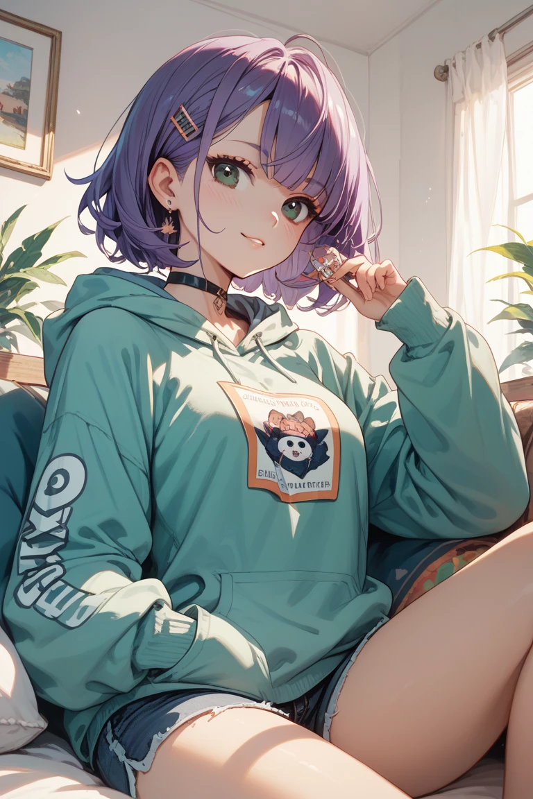masterpiece, best quality, IncrsAhriArcade, facial mark, headset, <lora:AhriArcade:0.8>, hoodie, edgTM, wearing edgTM_style fashion, eccentric clothing, <lora:Outfit_Mugler:1>, casual, indoors, sitting, on couch, grin, nintendo switch,