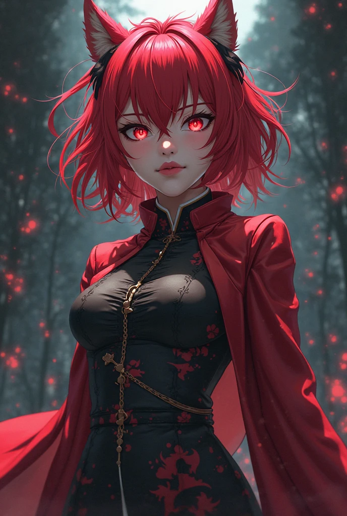 high resolution。Beautiful Face。cowboy shot。A woman in scarlet ronin clothing。Samurai Pose。Beautiful feet。Messy red short hair。forehead。Cat ear。Cat Eyes。 Crimson silver grass field。A world of thick fog,。Red Eyes。clothes are blowing in the wind。Grin。Holding the sword at his waist。alone。Japan。black sun。Red Sky。Chiaroscuro,