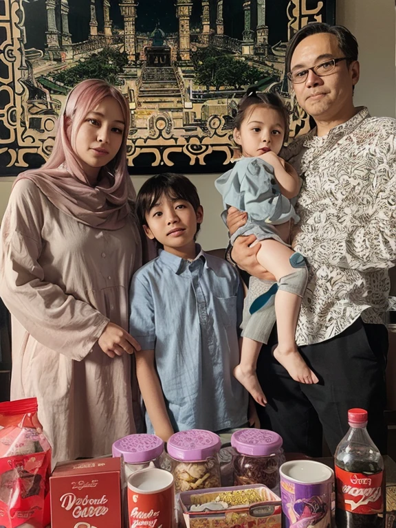 Make a friendly close up photo style,four members, one Indonesian MAN aged 40 years, chubby, one WOMAN aged 40 years, chubby, wearing a hijab, a girl aged 14 years, and a boy aged 8 years, they are wearing blue colored Muslim koko clothes The latest blue tunic , wearing a hijab, sitting on the sofa, embracing each other, comfortable and happy, in a luxurious living room, luxury home studio background. details. fresh colors, blue lighting