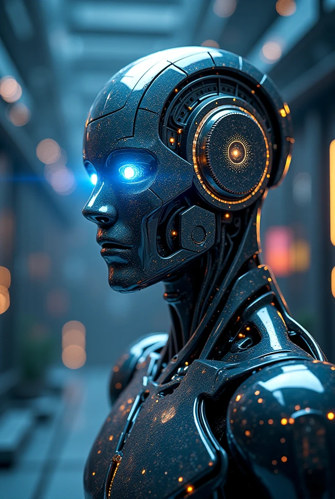 Limda mulher com (human head wearing black suit | cyborg head wearing black suit:1.2), parte superior do corpo, HDR , cinematic lighting