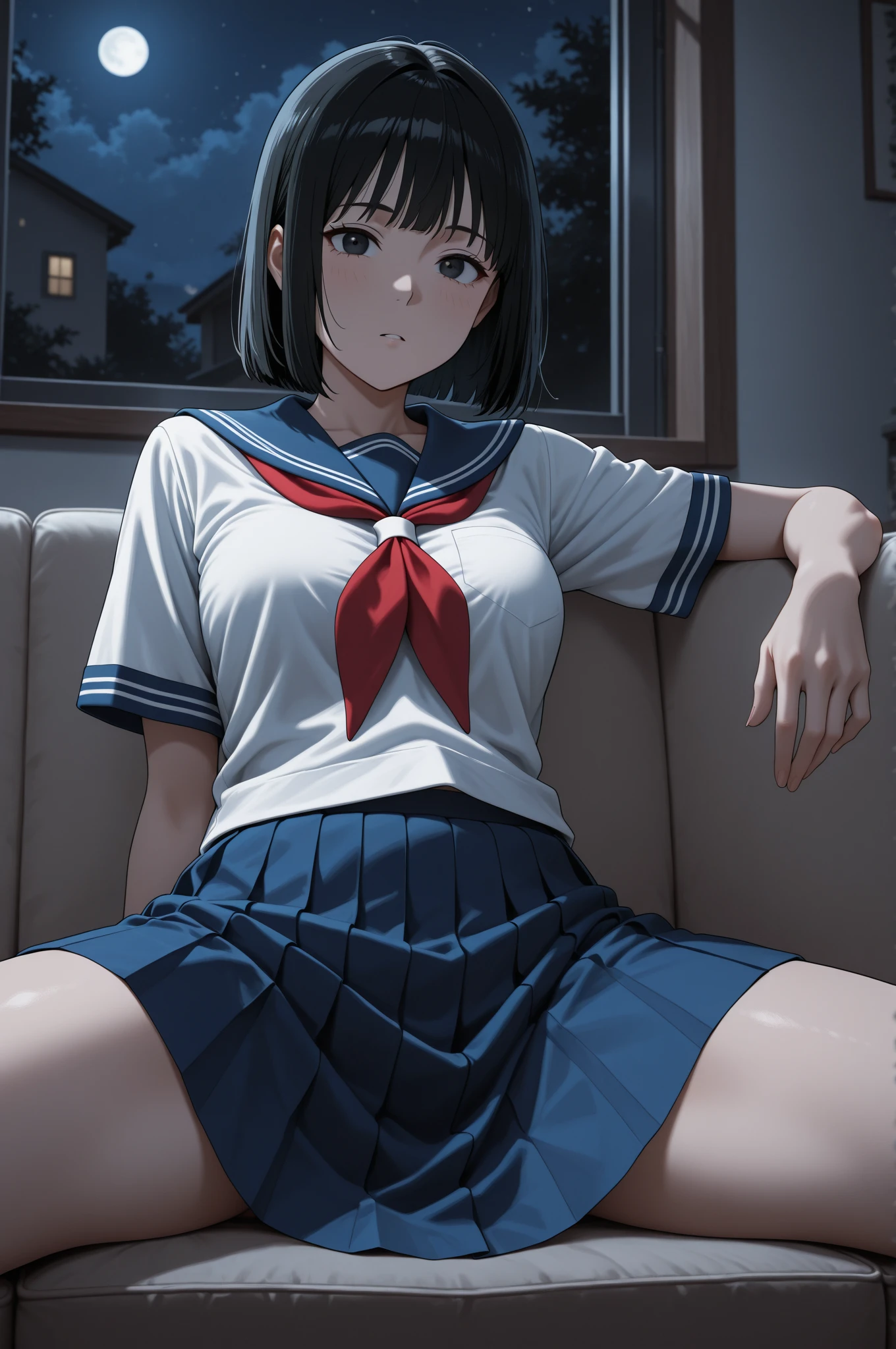 Kyoto Animation,shinkai makoto,uiharukazari, Kazari Uiharu, (black eye:1.5), Black Hair, flower, hair flower, hair ornaments, flower ring on head, short hair,
break armband, School uniforms are not distributed., , Seraphim, skirt, Summer clothes, neckerchief, red neckerchief, Blue sailor collar, Blue Card, Short sleeve,white lace flower decorative panties,White socks,
break looking at viewer,
break indoors, classroom,
break (masterpiece:1.2), Highest quality, High resolution, unity 8k wallpaper, (shape:0.8), (Fine and beautiful eyes:1.6), Highly detailed face, Perfect lighting, Highly detailed CG, (Perfect hands, Perfect ???????),