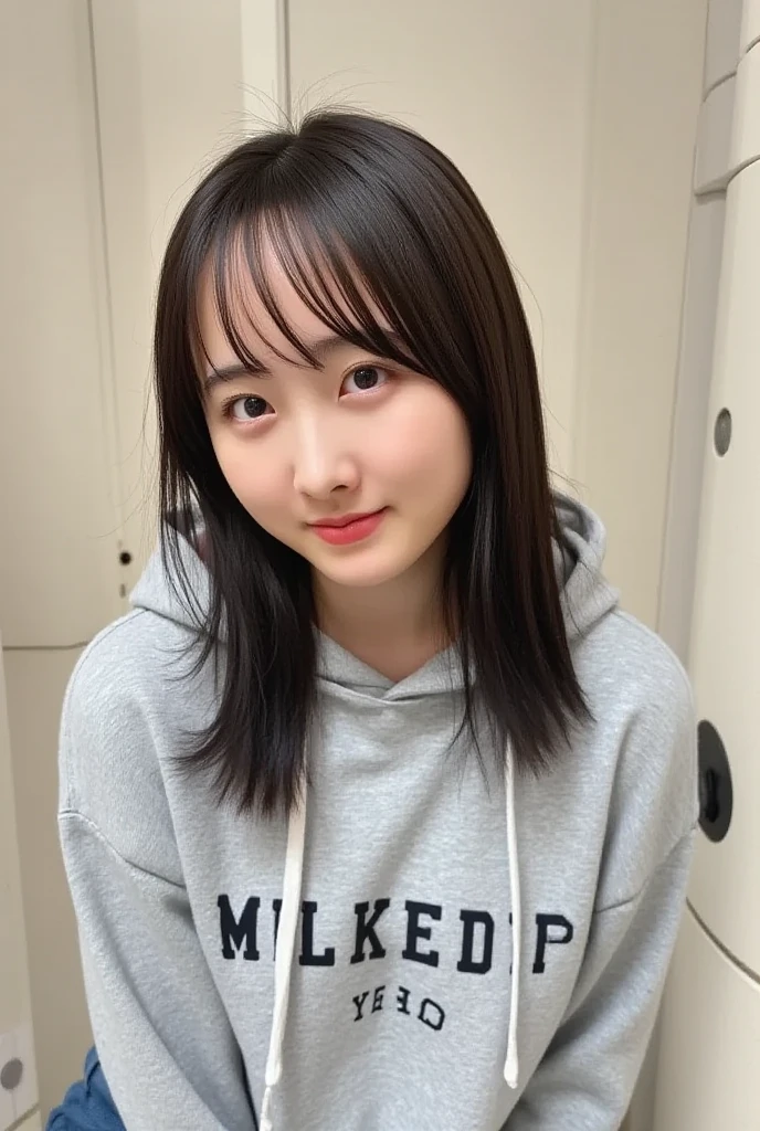A girl holding yakitori in her right hand、smile、Forehead Baring、Straight Long Hair、slender、Slender、