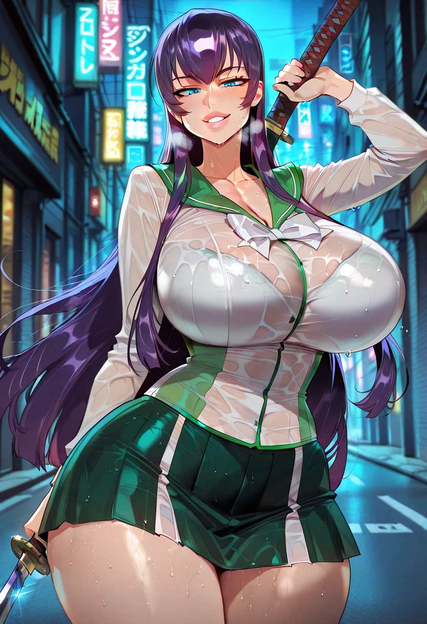 1 girl, 19 years old, Long pink hair, green eyes with slit pupils, master-piece, best quality, (standing up), (green hoodie), (long-sleeved, hoodie zipper short dress, cleavage), (Big , ultra gigantic , Super super big, Glamorous body), Make eye contact with the camera, front figure, looking forward, (light_Smile:1.5), (Detailed hands and fingers:1.2) (Cyberpunk City), (FULL BODYSHOT), thighs thighs thighs thighs、beauty legs、Bare legs