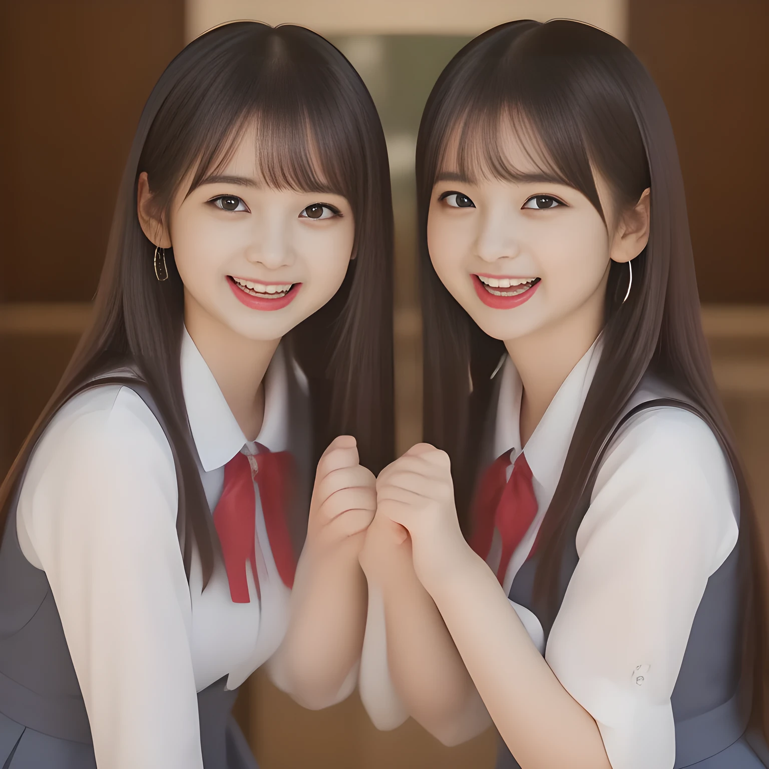 (highest quality, masterpiece, high resolution:1.2), 4K, (Photo quality detailed foreground: 1.2), geometry, (Two succubi of Cute noble beautiful slender girl girly very-long-hair Japanese photo model are lying on a gorgeous lascivious grand bed and looking at the viewer with her too beautiful eyes like laughing fashion model: 1.3), (Using expensive face-whitening cosmetics to make her skin more beautiful and pure by professional makeup artist: 1.5), (devious girlish fascinating laughter in bliss, devious girlish pose: 2.0), Laughing cutely, ((Dark blue) Japanese school girly vest Uniform with neat girly light-yellow short-sleeves school blouse, puffed short sleeves: 1.2), (white socks and school loafers, kicking back: 1.5), (Dark red glossy glossy school ribbon on the breast: 1.0), (Extremely laughing cheeks: 1.8), (Beautiful light-amber large clear open eyes with balanced and detailed cutely: 1.4), (double eyelids: 1.0), (highly curled bangs: 1.2), (Expressing the greatest joy with her whole body: 1.2), (Glossy lips: 1.0), (too long very straight hair reaches her hips: 1.7), (cute earrings), (making the viewer crazy with her beautiful hands: 1.6), (white and clear skin: 1.0), (Laughing 13yo cute princess's eyes looking at me: 0.8), (Very shy, cute, slender, pretty, pretty, too girly & Girlish: National Beautiful Girl Grand Prix winners: 2.0), (Everything is organized to have strong effect of hypnosis for the viewer to fall into happy dream with many beautiful girls: 1.5), (The viewer must be transferred to the world of only beautiful girls right now when he sees the eyes of girls in the picture: 2),(Tight waist, slender: 1.5), (The girls know well about the viewer's super fetishism for school uniforms, and satisfies it completely: 1.7),