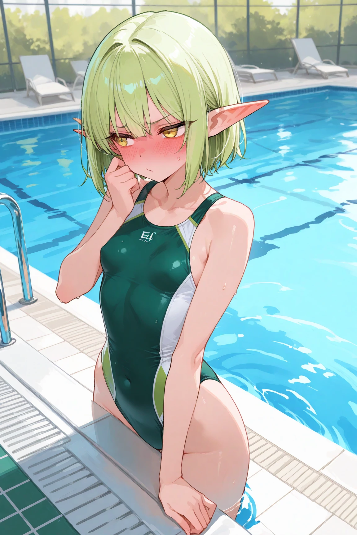 masterpiece, best quality, wide angle, 4girls, kirlia, multicolor hair, blonde hair, blue eyes, white skin, green skin, porcelain skin, very embarrassed, embarrassed smile, seductive look, naked, no visible clothes, medium breasts, visible nipples, visible vagina, in a pool, noon, distant ocean background,