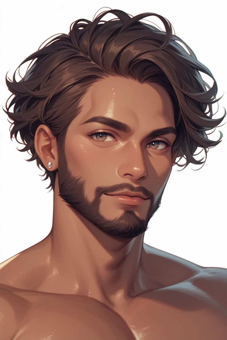 Homme 22ans avec peau blanche. Cheuveux brunette arrière avec un dégradé sur les côtés. Barbe courte. Yeux marrons et vert