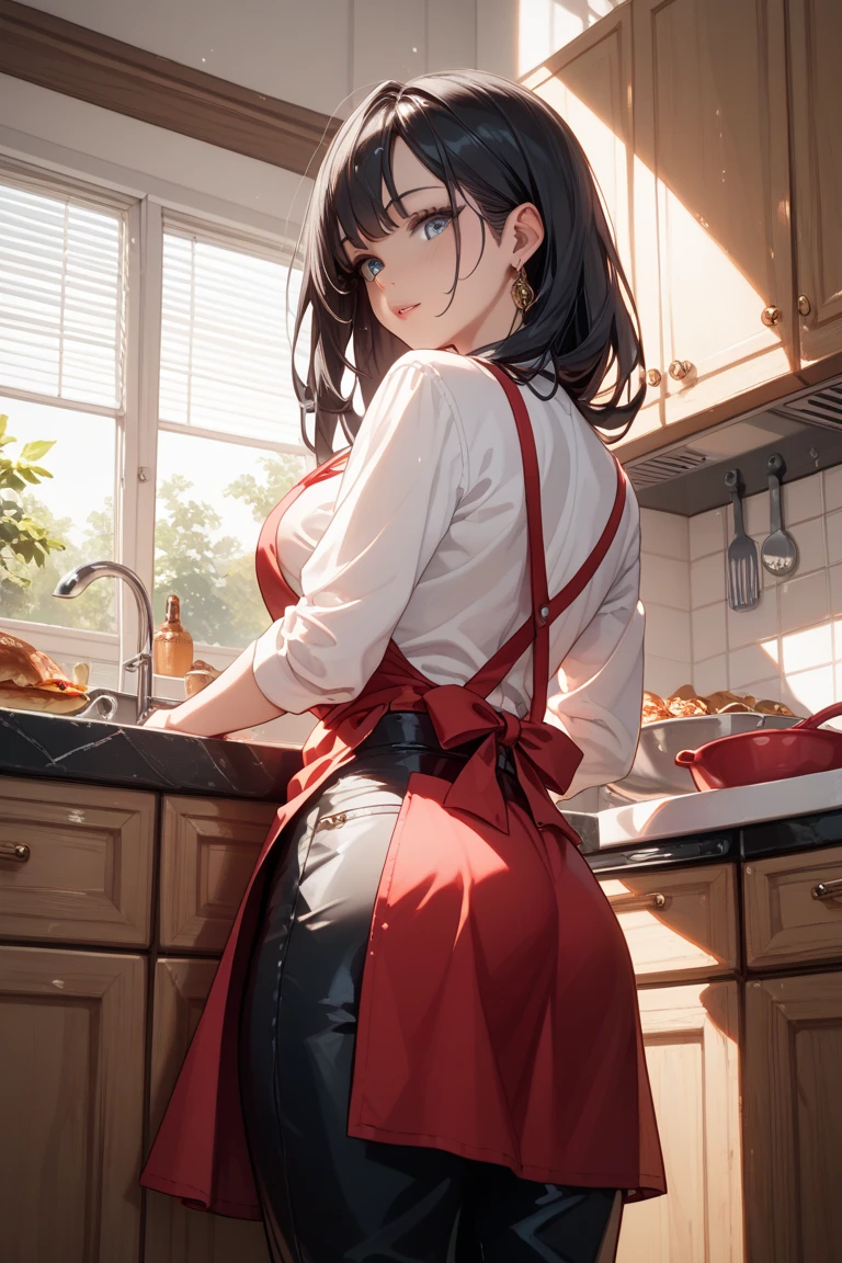 masterpiece, best quality, a sexy woman with a beautiful hips in the kitchen posing by a sink, 1girl, sink, ass, naked ass, solo, polo shirt, bottomless, no panties, indoors, long hair,big ass, bent over.