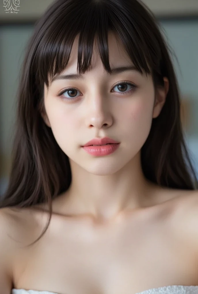 highest quality, realistic, 8K, High resolution, 1 girl, woman, (skin dents), (portrait:0.6), nice, ((white background, naked, small breasts:1.65)), (long brown hair, parted bangs:1.4), looking at the viewer, (1 girl eyes looking at the viewer:1.6), realistic, (Bokeh), (closed mouth, smile:1.3), nice, Pueros face_V1:1,