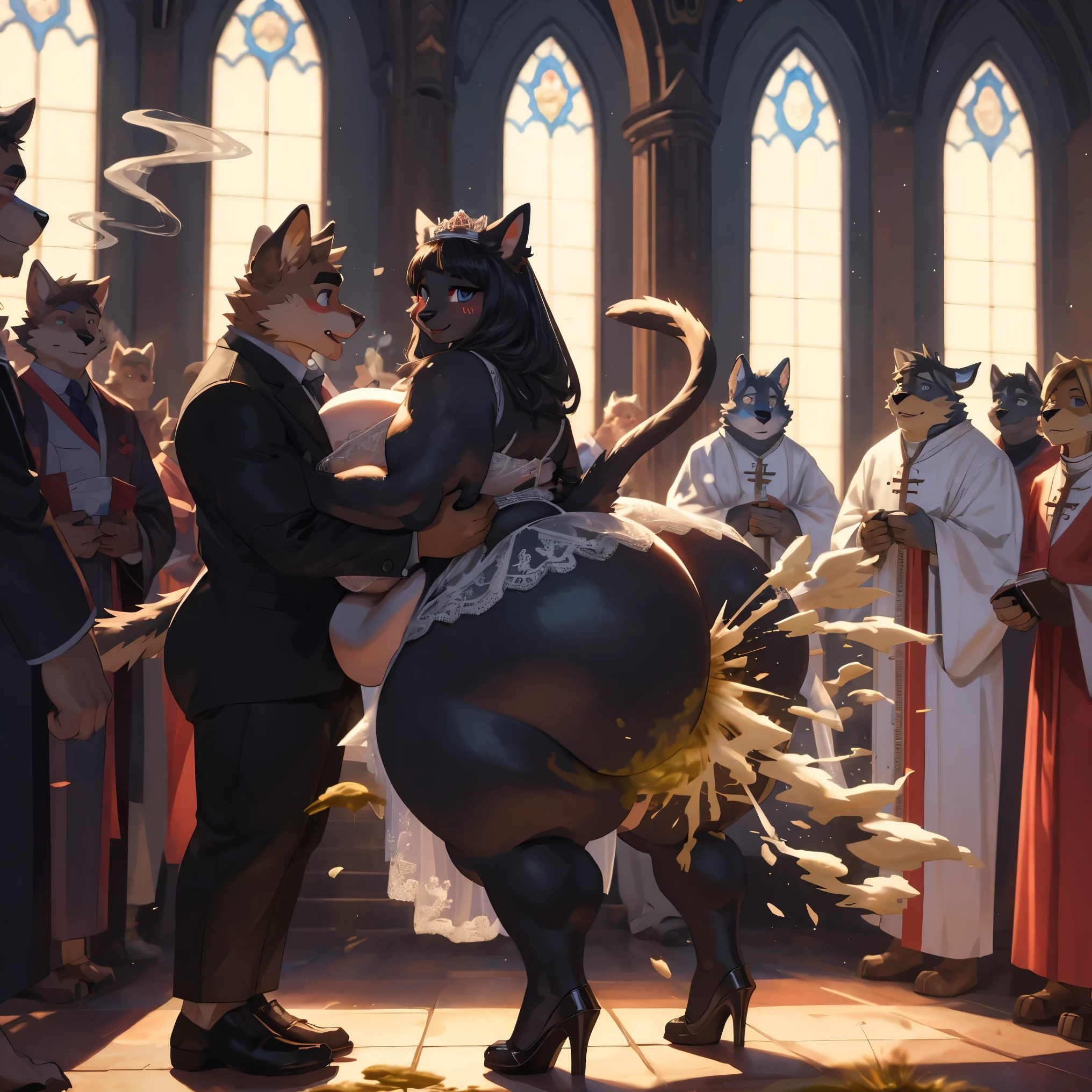 score_9, score_8_up, score_7_up, cultofthelamb, furry female anthro,demon, sheep, black fur, all fours position, three quarter view from behind, spread legs, feline pussy, pussy focus, hooves, solo, (body fur:1.2), wet fur, (best quality), wedding dress, white strings, (red crown:1.1), neck bell, seductive, red eyes, gothic style, gothic basement, candles, dramatic lighting, detailed fluffy fur, detailed background