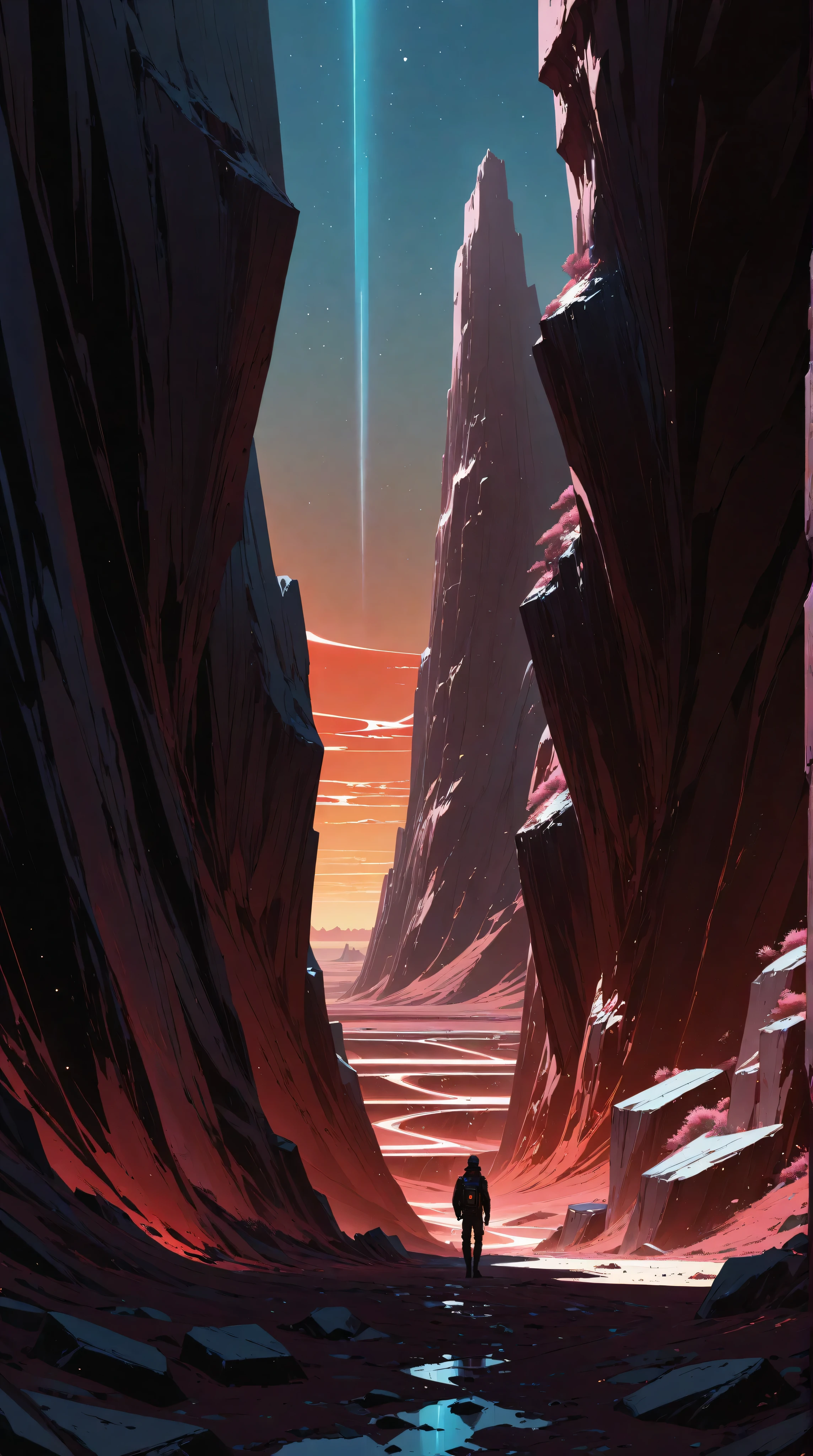 a futuristic landscape in the illustrative style of french illustrator Moebius