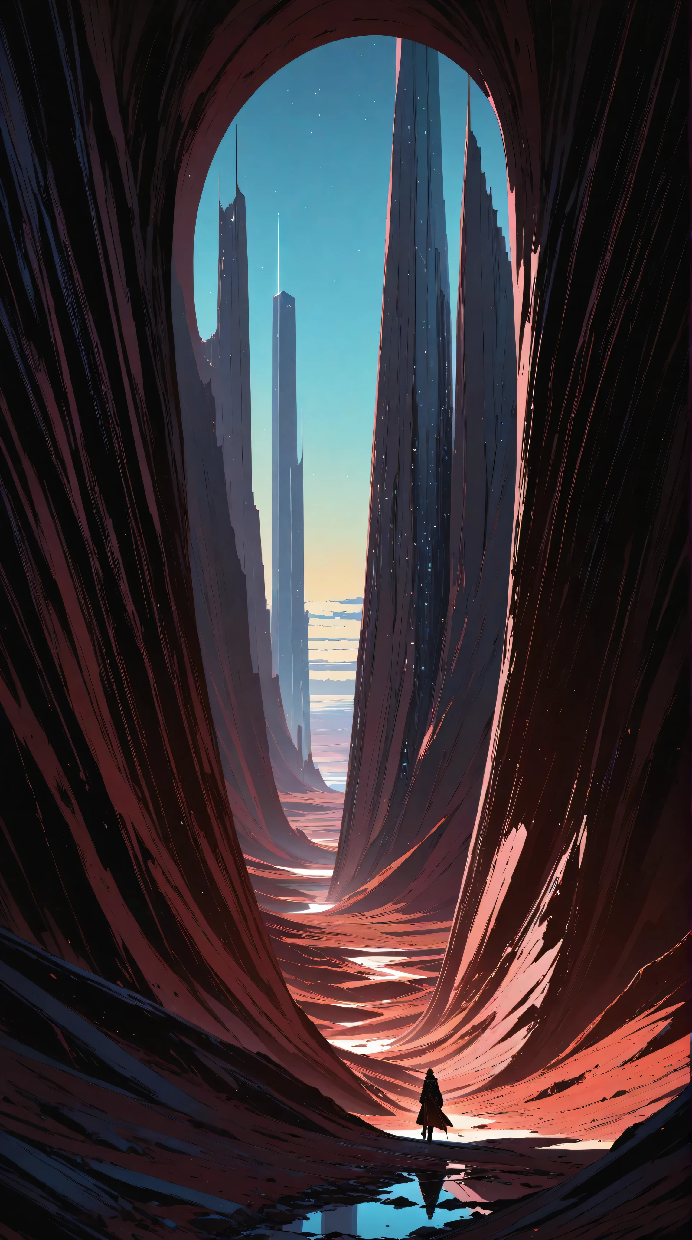 a futuristic landscape in the illustrative style of french illustrator Moebius