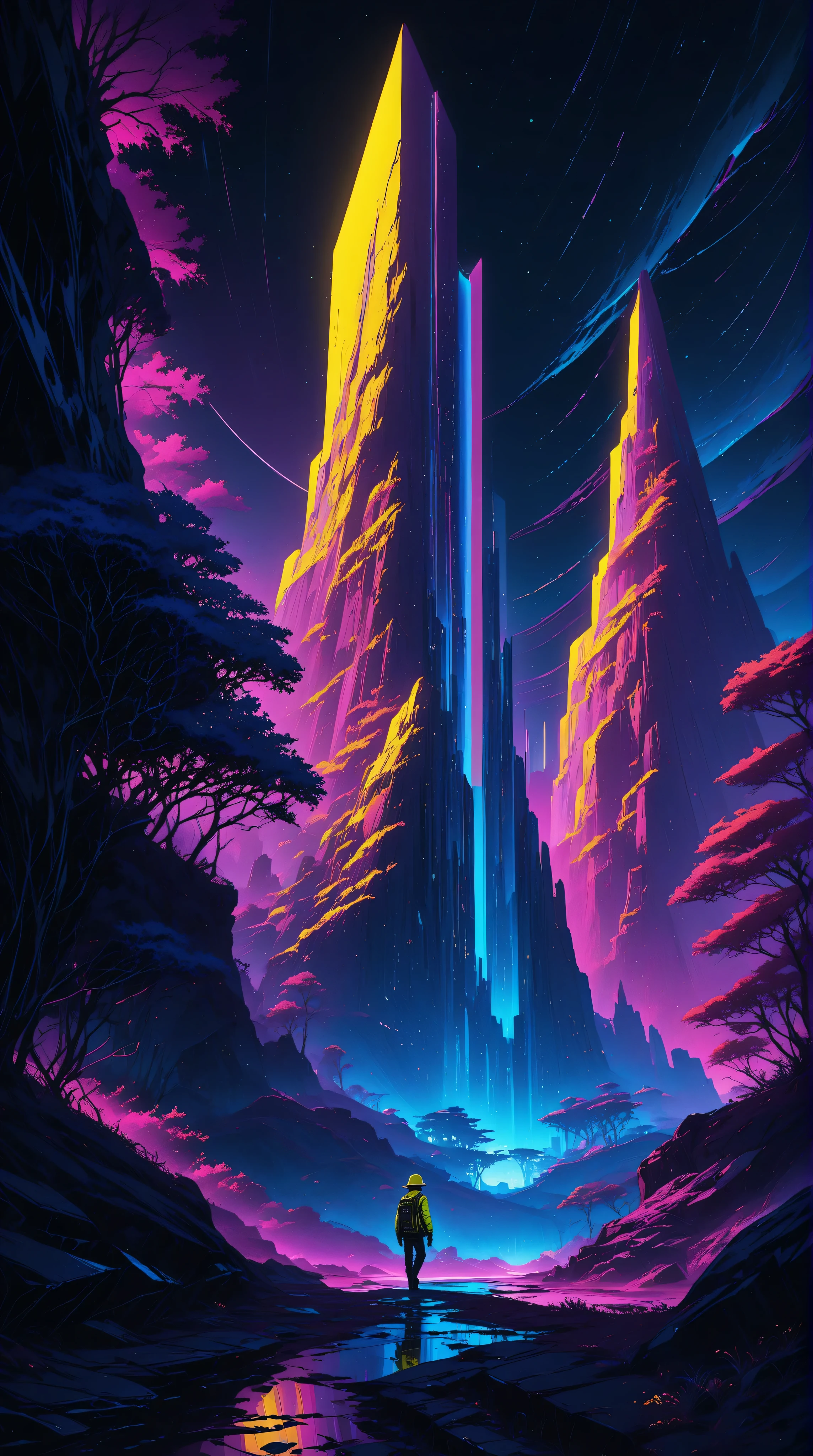 a futuristic landscape in the illustrative style of french illustrator Moebius, (neon blues, neon yellows),