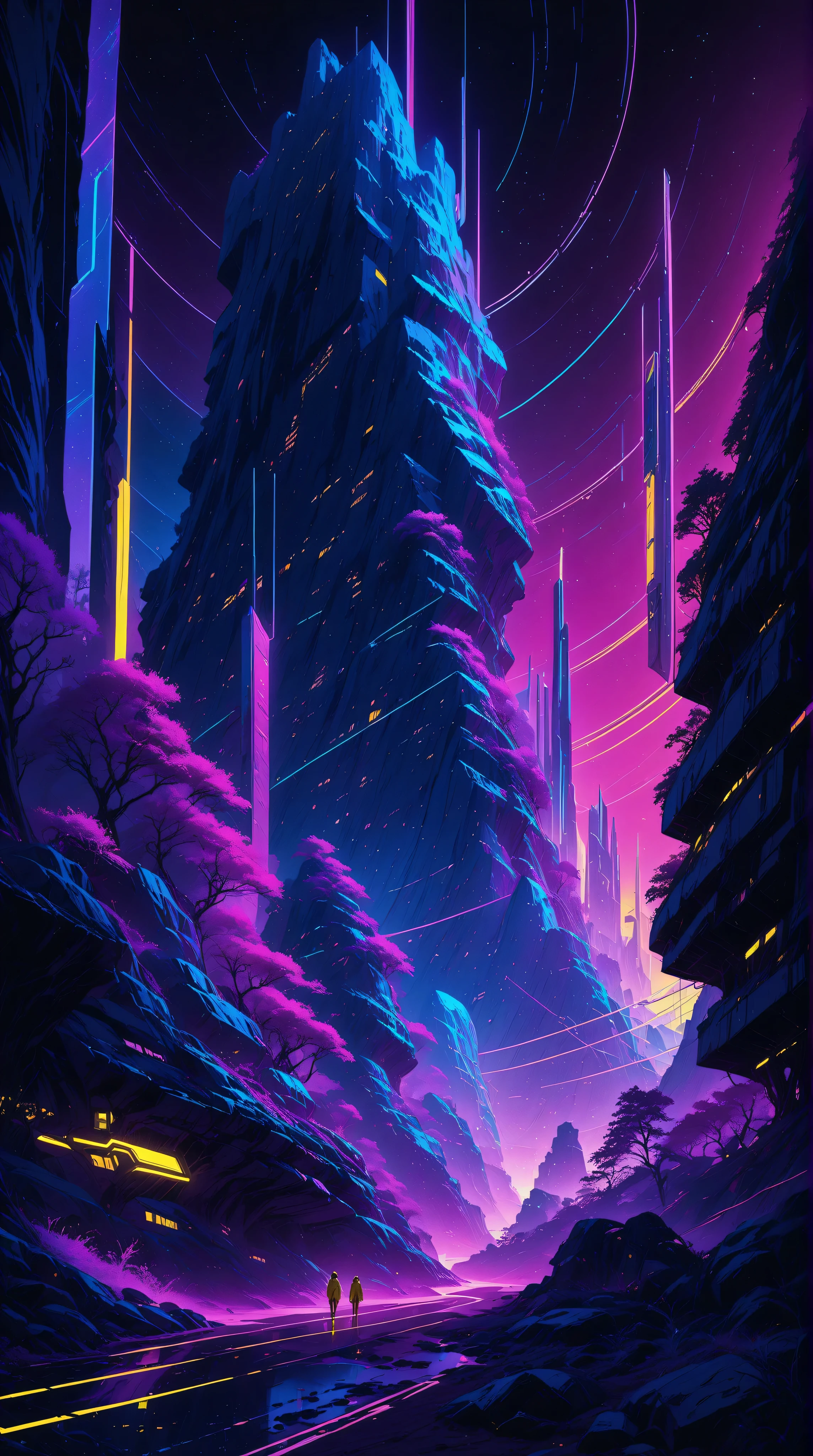 a futuristic landscape in the illustrative style of french illustrator Moebius, (neon blues, neon yellows),