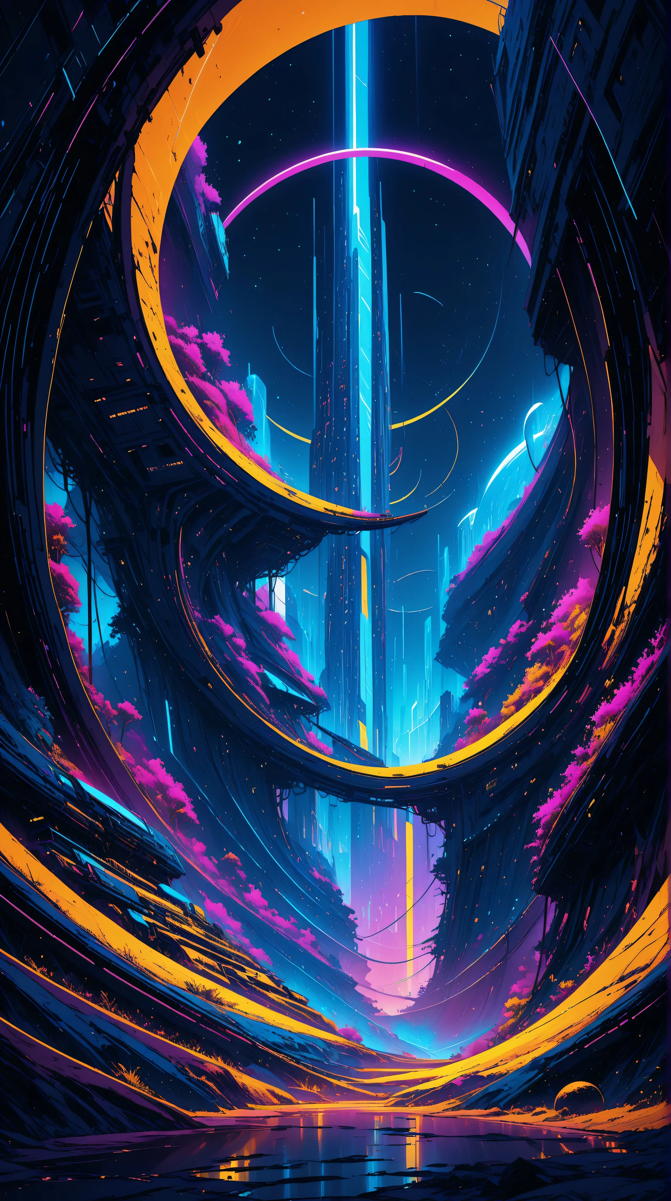 a futuristic landscape in the illustrative style of french illustrator Moebius, (neon blues, neon yellows),