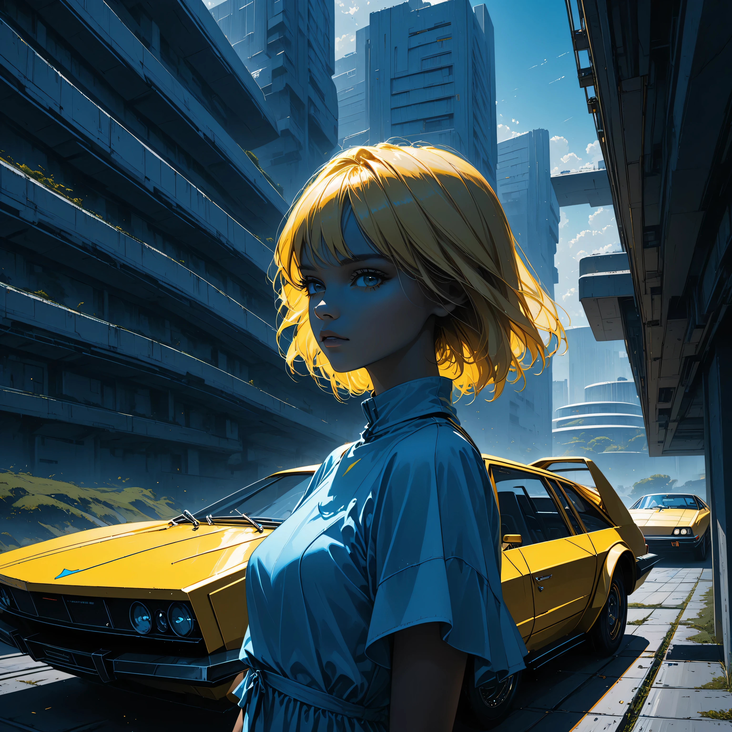 a futuristic landscape in the illustrative style of french illustrator Moebius, (blues, yellows), brutalist architecture, brutalism, retrofuturistic, french retro, retrofuturistic car, a young girl in a white tunic in foreground, heroic look, portrait, yellow hair, blue eyes, (((blue skin))),