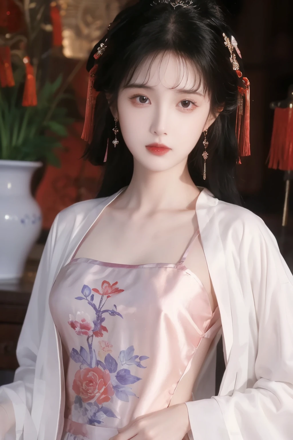 ( masterpiece, Top Quality, best quality, official art, beautiful and aesthetic:1.2), (1 Girl:1.3), flat chest,  extremely detailed,(Fractal Art:1.1),(Flowers:1.3),Highest Detail,(dynamic pose), (background:1.3), (Traditional Chinese purple and white clothing:1.2), (shiny skin) ,(earrings:1.1),