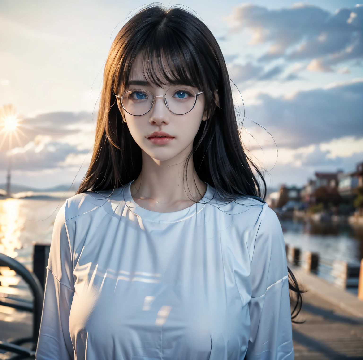 8K quality, pictures, Two beautiful men and beautiful women, Beautiful like a goddess, The backlight of the intense sunset is dazzling, Above chest, (A shirt with no exposure at all:1.2), (Fine silver glasses:1.2), (Brilliant, beautiful, bright blue eyes:1.2), (Beautiful hair blowing in the wind), (White Porcelain Whitening Skin), Half up with bangs,  is very big, Photograph, 