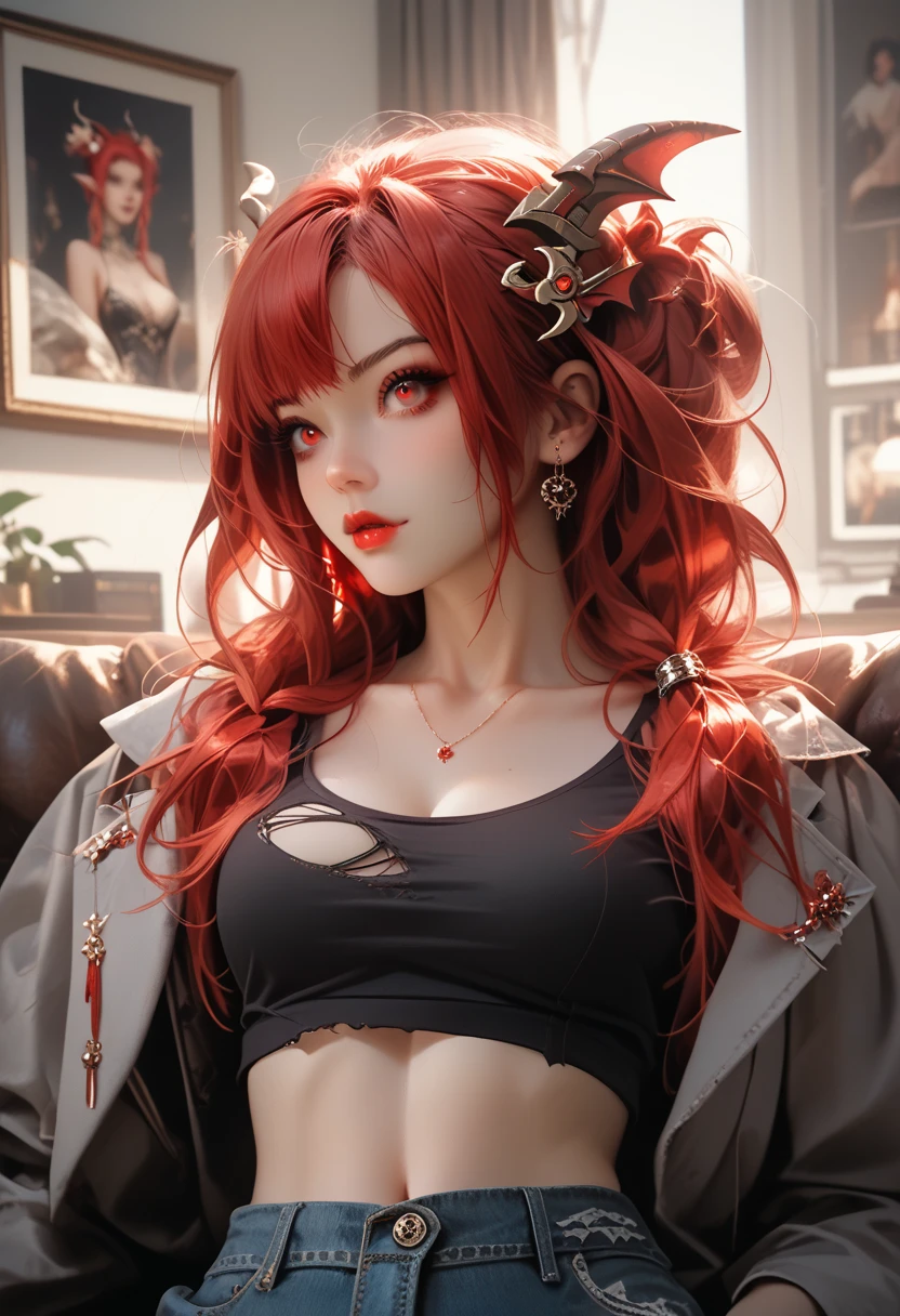 Beautiful woman, red hair, yellow eyes, large perfect snoopy breast, cleavage, highly detailed, black jacket,, vintage, dark fantasy, cowgirl, western style, headphones,