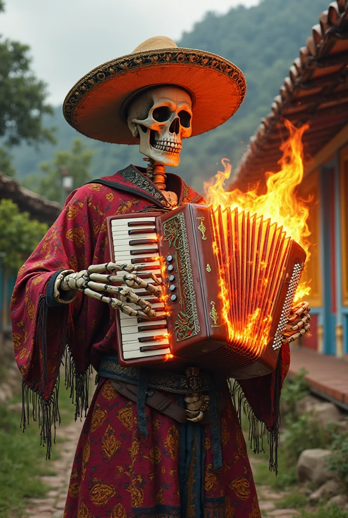 Poster with realistic skull with a vueltiao hat playing an accordion with horns