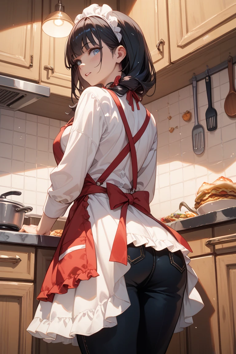 (dynamic angle:1.3, front view:1.1, breast focus:1.3, from below:1.2), (dynamic posing:1.5, sexy posing:1.3, leaning forward), (seductive smiling:1.3),masterpiece, 1girl, (pointed chest:1.3), cleavage:1.1,(double breasted:1.2,under bust:1.2), Amazing Cleavage:1.3, thin waist, cute ass, Raised sexy, (small breast: 1.4) posed cleavage:1.2、solo, looking at viewer, open mouth, have a grass of beergrass,black hair, blue eyes, bare shoulders, jewelry, collarbone, sidelocks, hairband, earrings, indoors, (red off shoulder sweater dress:1.3,skirts:1.2), arms behind back, short hair with long locks, blue white hairband, big side hair, very long side hair is rendered in (masterpiece: 1.2, best quality), with (ultra high resolution) and an exquisite (depth of field). This masterpiece is not only visually stunning but also tells, a scene of cooking in the kitchen
