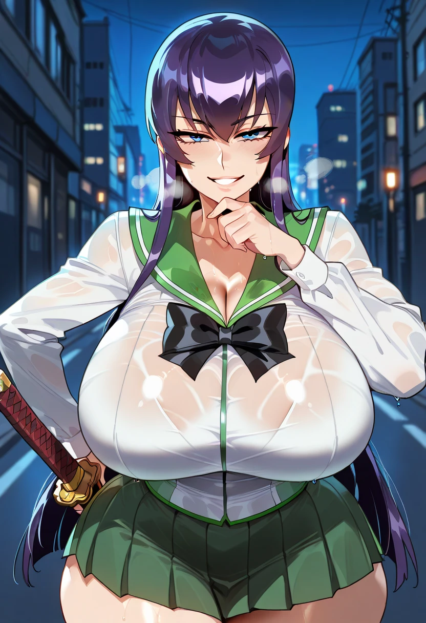 masterpiece, best quality, matsumoto rangiku, beautiful lighting, ((black hair: 1.1)), long hair, turtleneck, crop top, pencil skirt, underboob, necklace, gigantic breasts, (emerald green eyes: 1.1), standing, looking at viewer, smile, japanese architecture, cowboy shot, shiny skin, gigantic breasts, curvy, seductive smile, bare shoulders, elbow gloves, glowing eyes, Bright eyes,