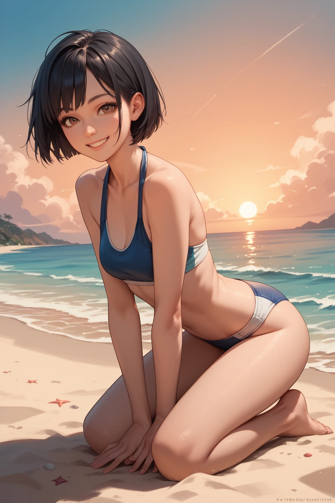 short hair. (skinny). abs, beach. naked. breasts