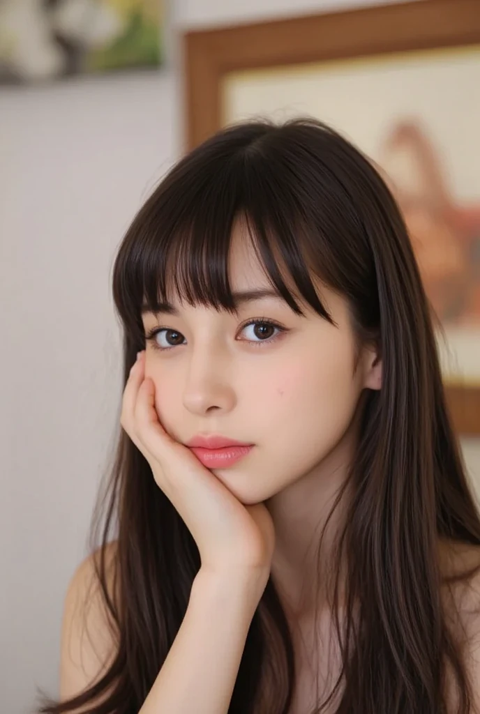(wide angle),half-length portrait,lipstick,eyelashes,(parted lips),
on couch, fireplace ,
looking at viewer,
best quality, ultra high res, (photorealistic:1.4), (detailed face and eyes),