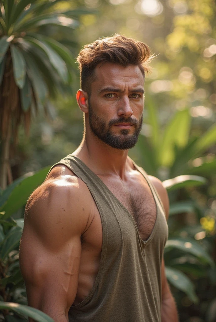  natural farther、Spain male、very handsome、abs、Pectoral muscle、 underwear、body hair、full-length picture，in the river，outside