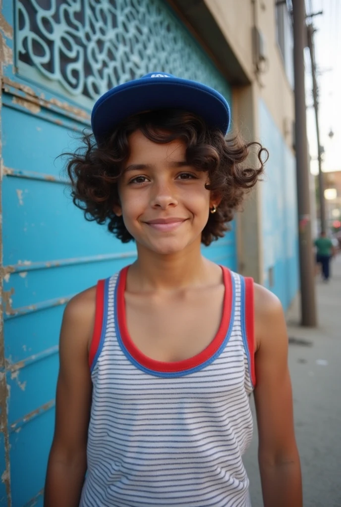 Sensual photo of a skinny boy with a mustache and light brown curly hair, He is in a backyard in the favela , he is naked, He is looking sensually at the camera, homem gay sensual
