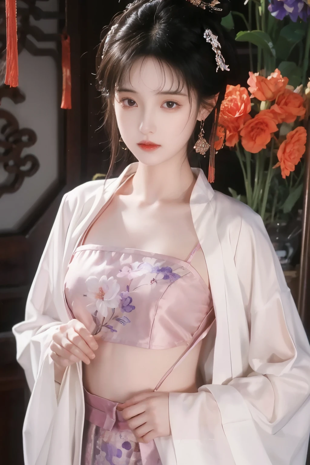 1girl, (ulzzang-6500:0.7), kpop idol, yae miko, detached sleeves, bare shoulders, pink hair, long hair, japanese clothes, best quality, (painting:1.5), (hair ornament:1.35), jewelry, purple eyes, earrings, breasts, torii, cherry blossoms, lantern light, depth of field, detailed face, face focus, ribbon_trim, (looking at viewer:1.25), nontraditional miko, shiny skin, long sleeves, smile, thick lips, game cg, hands on lips, east asian architecture, (blurry background:1.2), sitting, upper body,