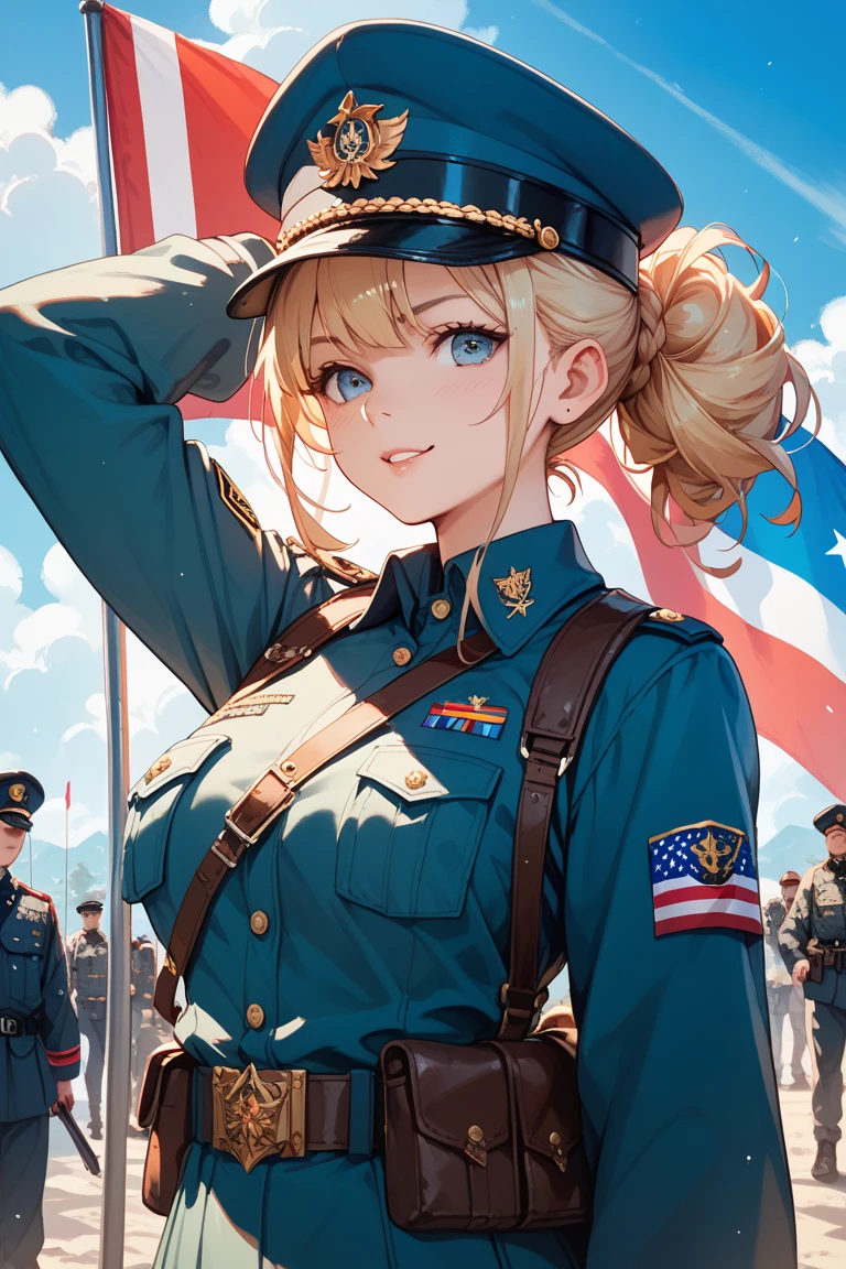score_9, score_8_up, score_7_up, 1girl, sexy, female, confident, salute, soldier uniform, American flag background,Expressiveh, <lora:3m1lyc4rrXLP:0.5> 3m1lyc4rr, <lora:Navy_Sailor_Dress_SideCap_XL_v1-000020:1>