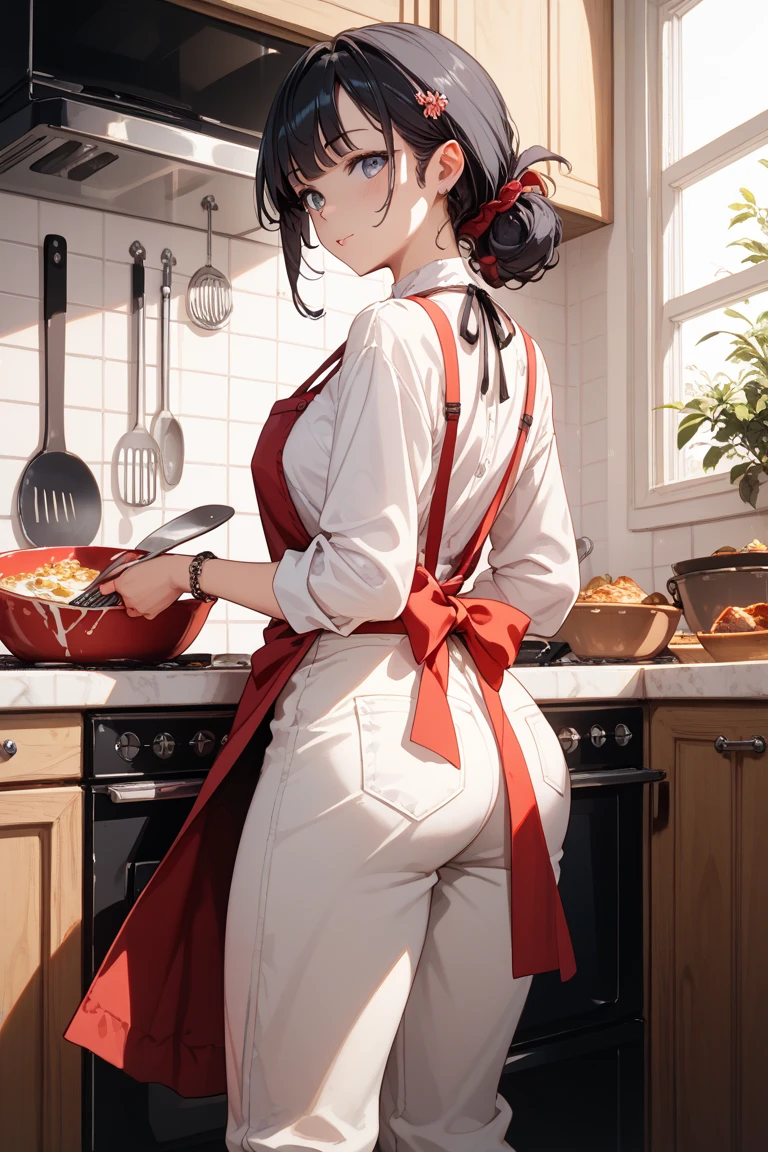 ultra realistic 8k cg, picture-perfect face, flawless, clean,from abave,(1girl:1.3),Young wife preparing a meal,standing,dinner on the table,(Starry sky outside the window),apron,Sexy panties with a little bit of glimpse through the slit,Thigh-length black tights,(girl),(Three kingdoms female warload),(highly detailed beautiful face and eyes,large breasts,firm breasts),oily skin,((black,hair,short bob with short pony tail hair)),cute,lovely,smile,look at vewer
