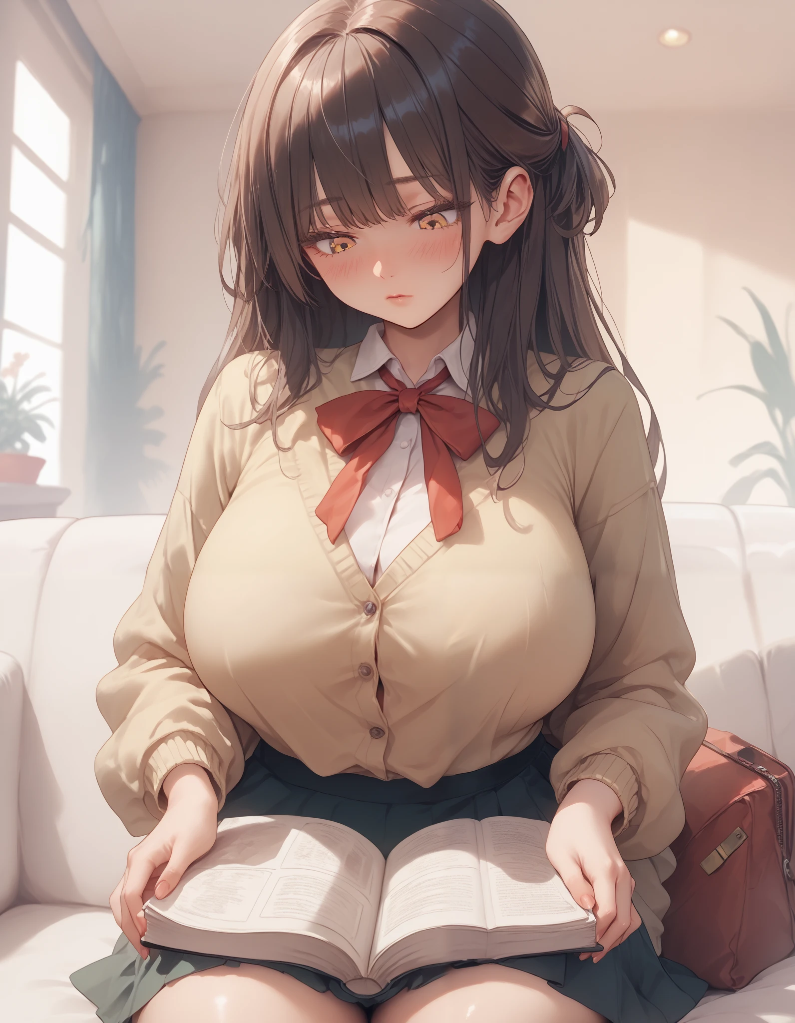 High resolution, high quality, 1 girl, anime girl, Brown hair long hair, brown eyes, green glasses, sunburned skin, big breasts, (big ass),pink cardigan,white draped skirt,white knee socks,Upper body,sit on a chair,